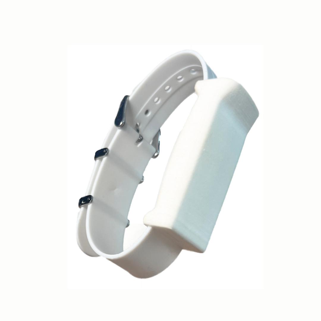 a universal cuff consisting of a white, narrow rubber strap with a pocket on it for holding thin objects
