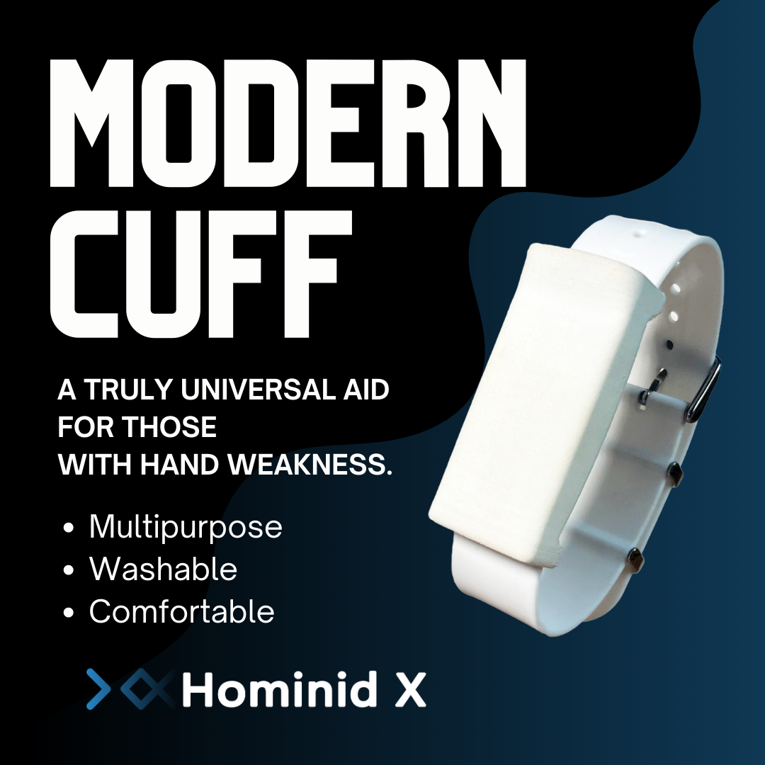 left: the words "multipurpose", "washable", "comfortable". right: a picture of a universal cuff consisting of a white, narrow rubber strap with a pocket on it for holding thin objects